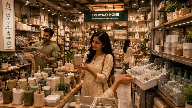 A shopper choosing a ceramic soap dispenser in the EVERYDAY home aisle.
